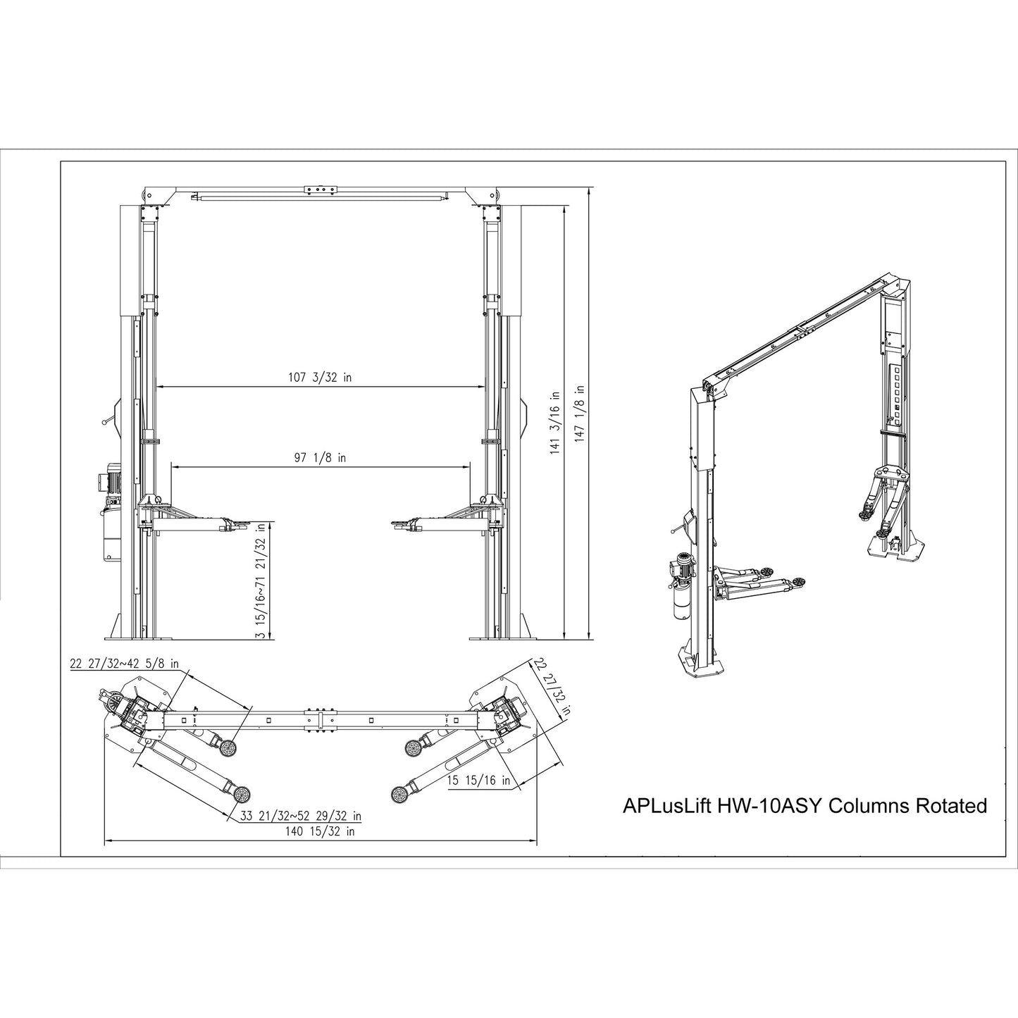 APlusLift-10000LB-2-Post-Overhead-Asymmetric-Single-Release-Car-Lift -HW-10ASY-Diagram-30Rotated