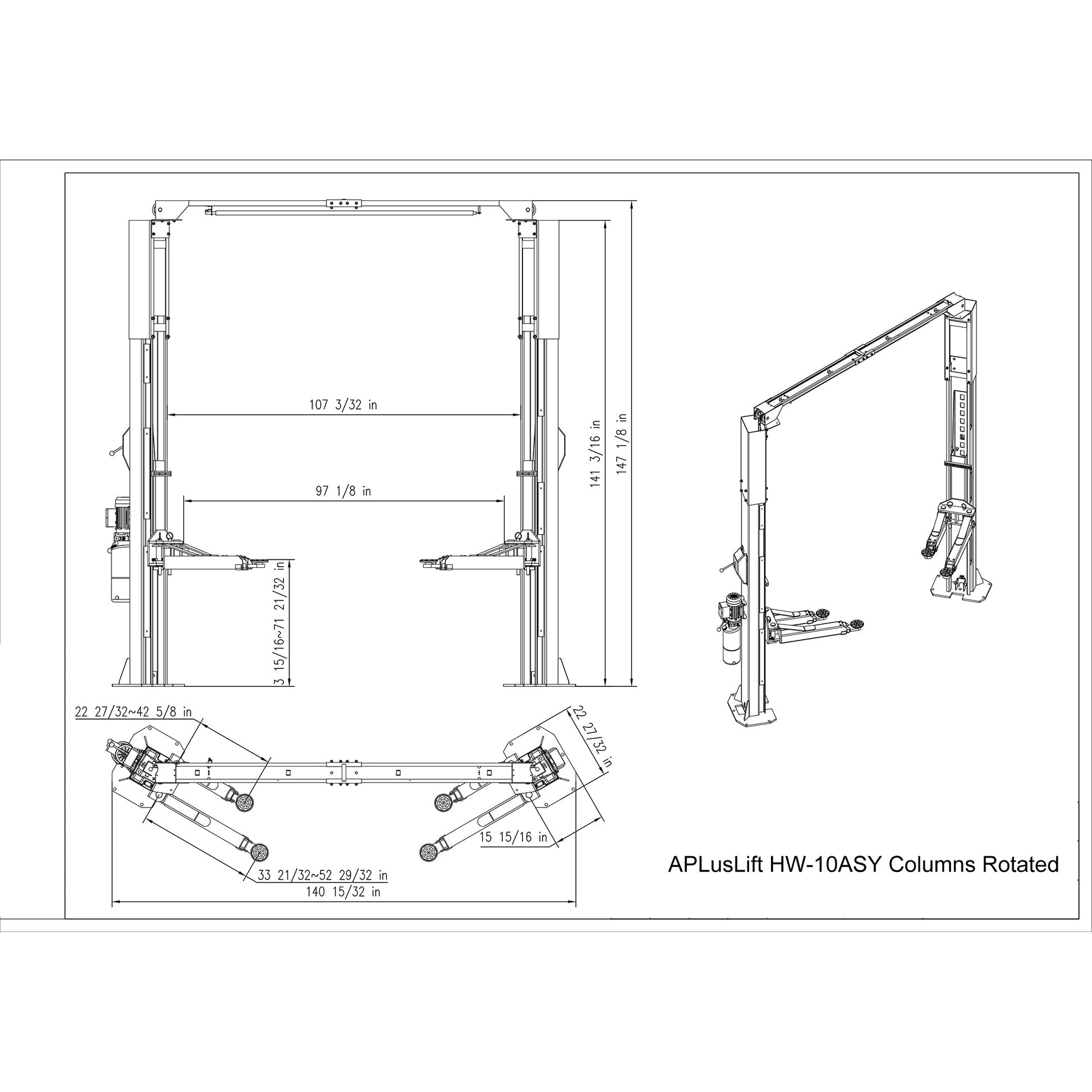 APlusLift-10000LB-2-Post-Overhead-Asymmetric-Single-Release-Car-Lift -HW-10ASY-Diagram-30Rotated