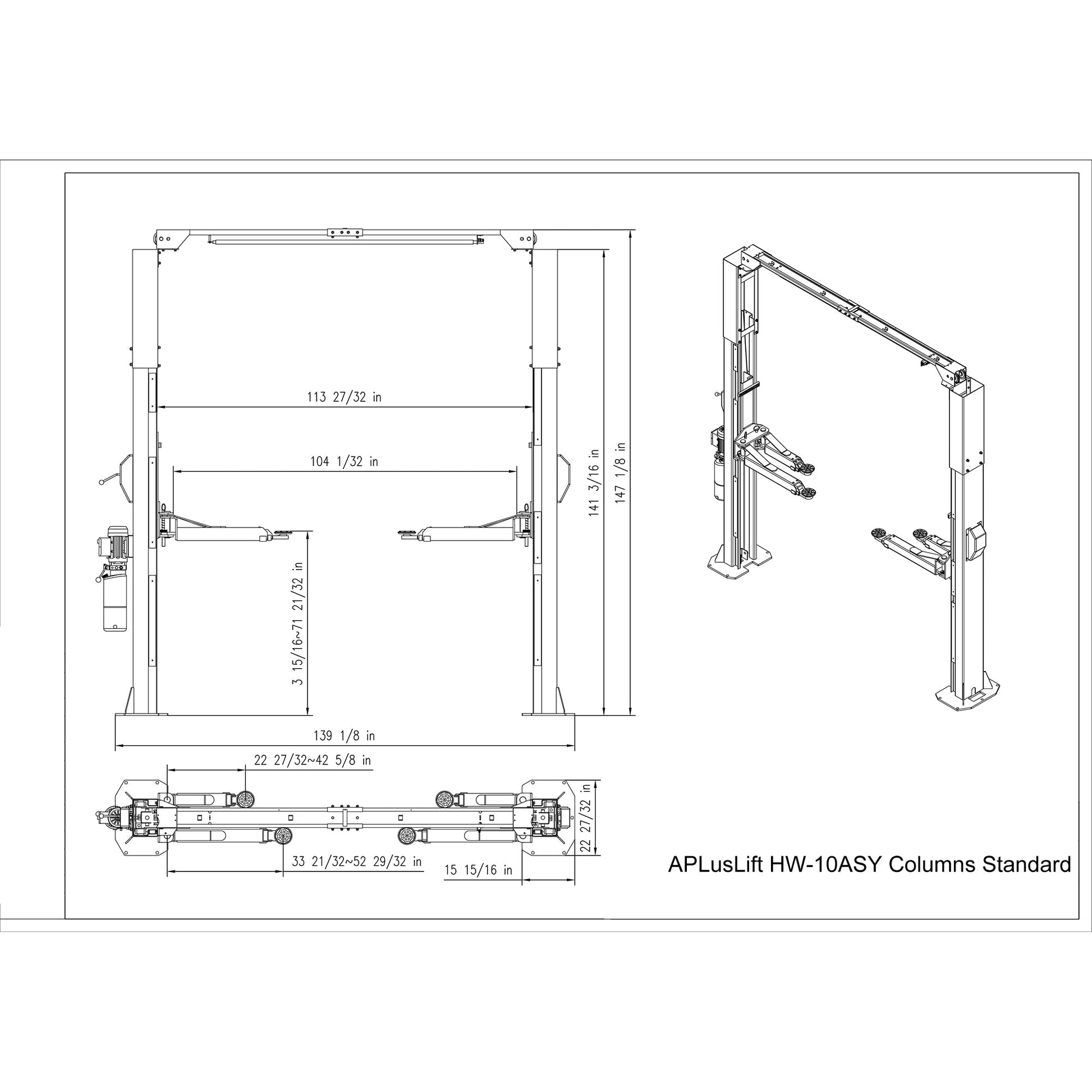 APlusLift-10000LB-2-Post-Overhead-Asymmetric-Single-Release-Car-Lift -HW-10ASY-Diagram