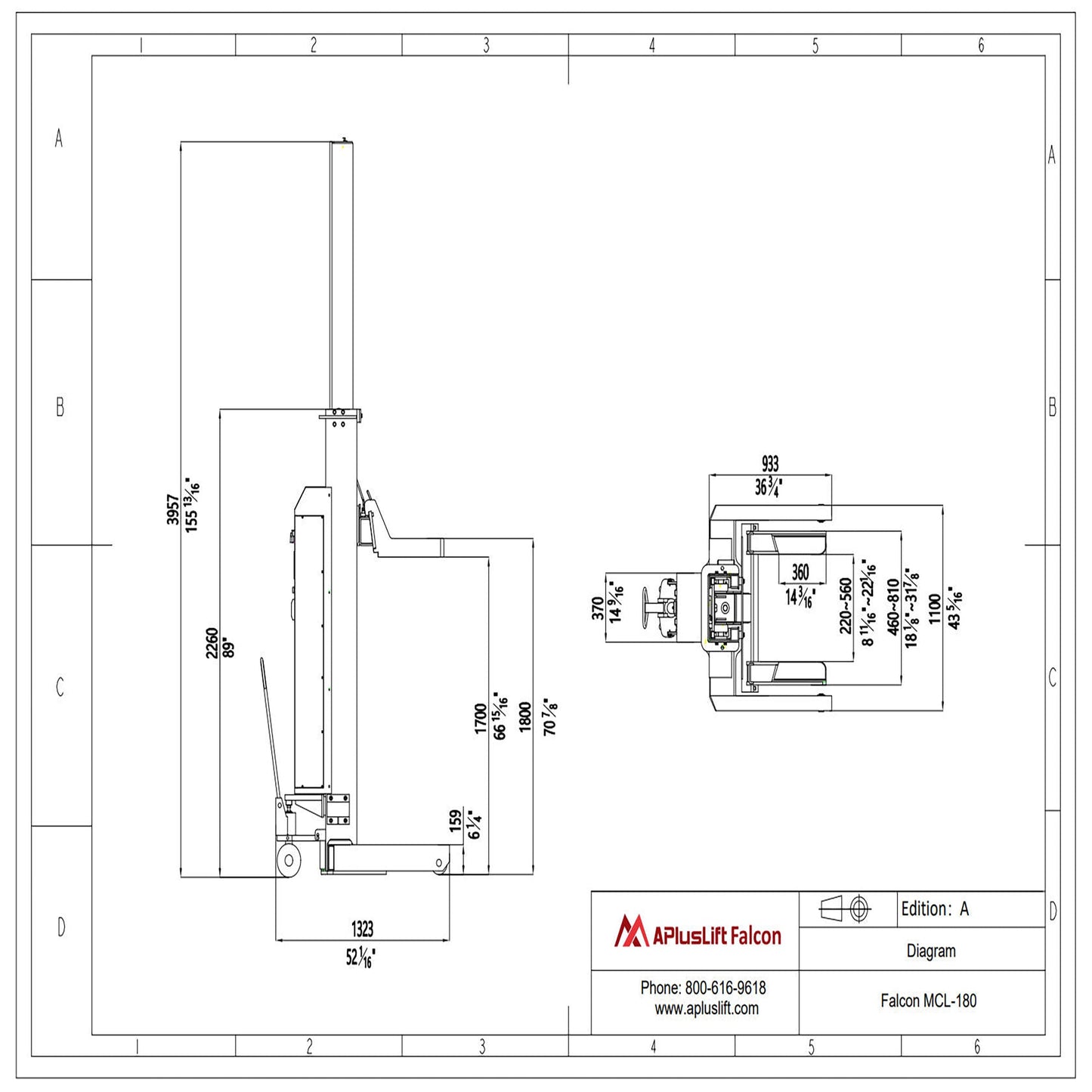 APluslift Falcon MCL 180 footprint-diagram